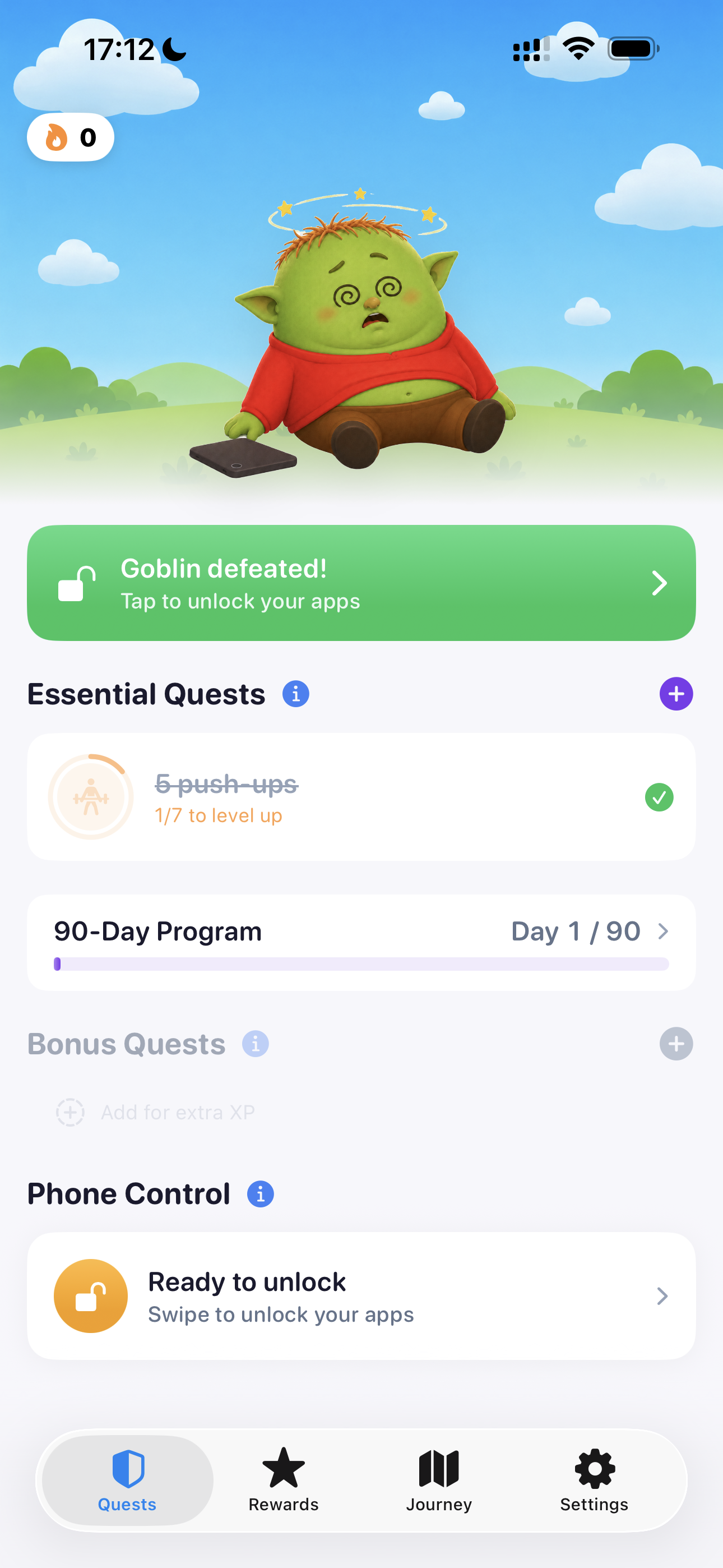 Goblin defeated screen, apps ready to unlock