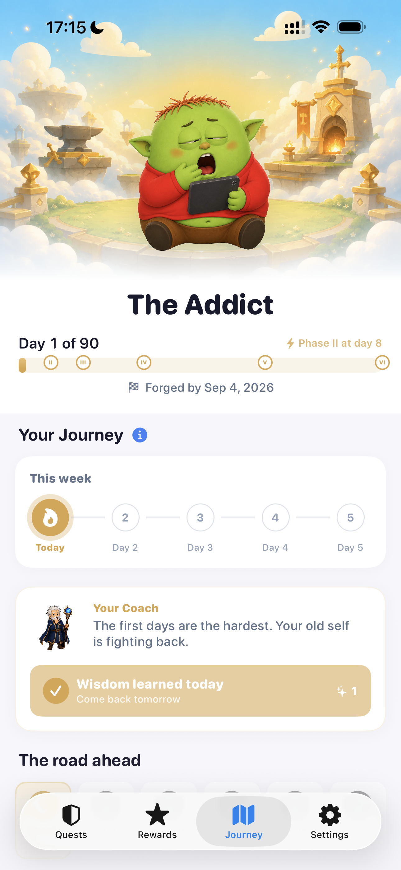 The 90-day journey screen showing The Addict and phase progress